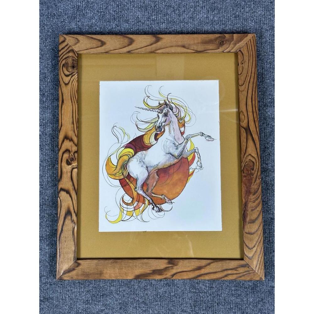 Vintage 80s UNICORN Novelty Carnival Fair‎ Prize Picture Rustic Wood Frame Glass